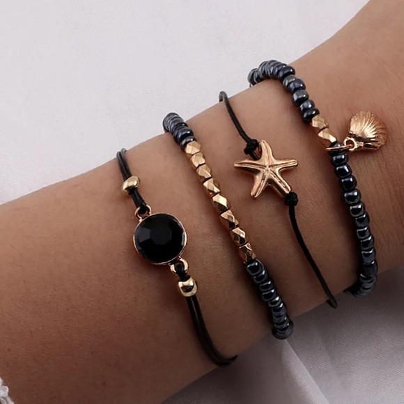 4 Pcs Black & Gold Starfish and Shell Bracelet Set - Picture 3 of 8